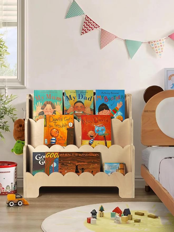 Kids Bookshelf Wooden 3-Tier, Scalloped Book Shelf for Kids Rooms, Front Facing Toddler Montessori Bookshelf, Baby Nursery Book Shelves Kids Classroom Bookshelf Bookcase