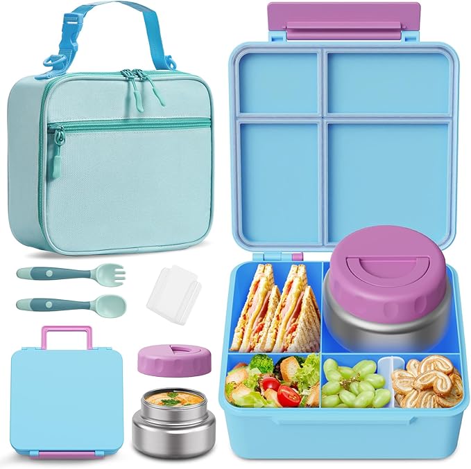 Bento Box for Kids with Thermo Food Container (9oz), 4-Compartment Lunch Box, Adjustable Divider, Leakproof Bento Lunch Box, Includes Utensils & Carry Bag for School, Office(Light Blue)