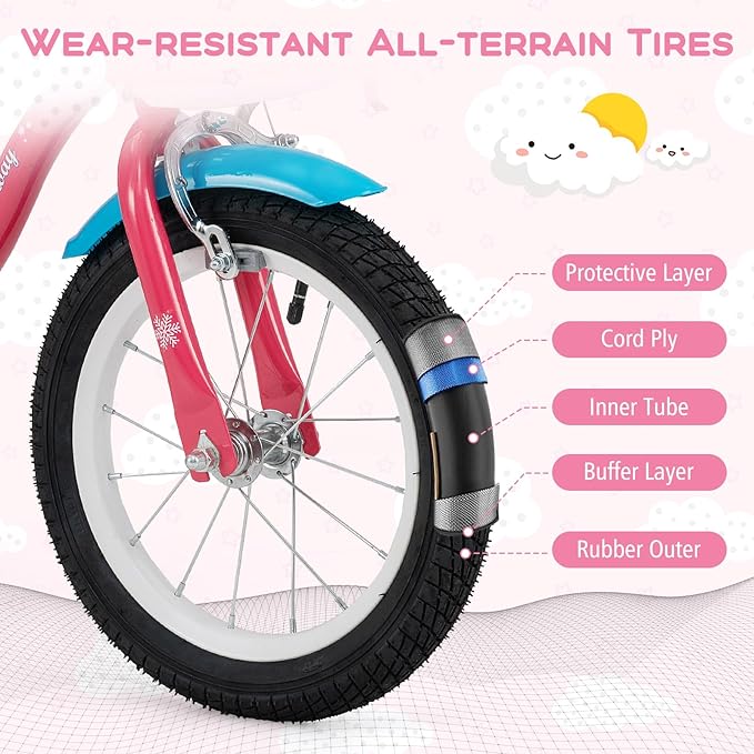 BABY JOY Kids Bike, 12 14 16 18 Inch Children Bicycle w/Detachable Training Wheels, Storage Basket, Adjustable Seat & Handlebar, Bow or Streamer, Girls Bike for 3-8 Years Old