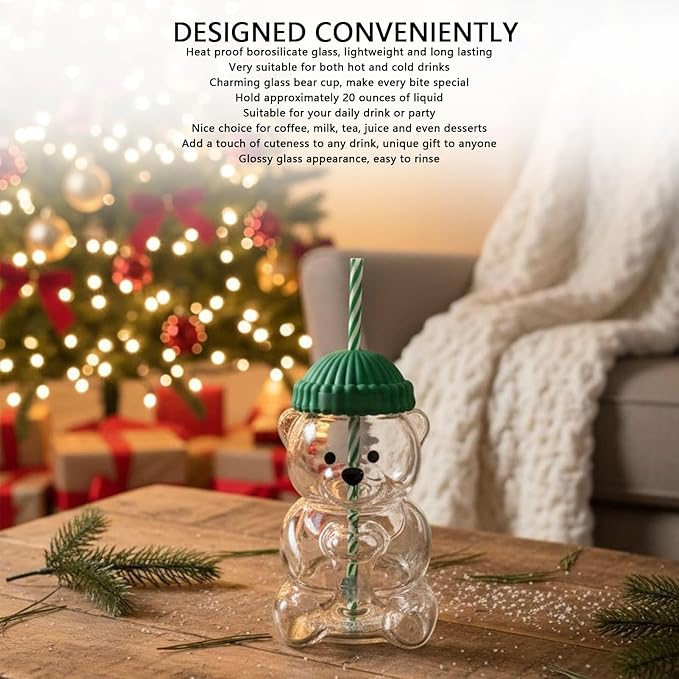 Glass Bear Cup, Bear Straw Cup,20oz Borosilicate Glass Baby Mug with Lid,Cute Mugs Bears Sippy Cups Coffee Milk & Tea Drinks Glassware for Christmas