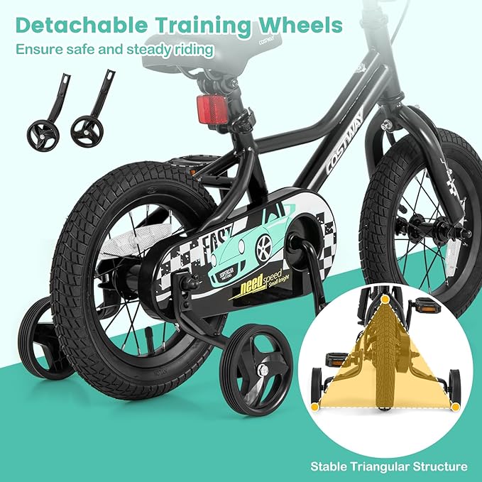 COSTWAY 12/14/16/18 Inch Kids Bike, Boys & Girls Training Bike w/Removable Training Wheels, Pneumatic Tires, Adjustable Handlebar & Seat, Dual Brake System, Children Toddler Bicycle for 3-8 Years Old