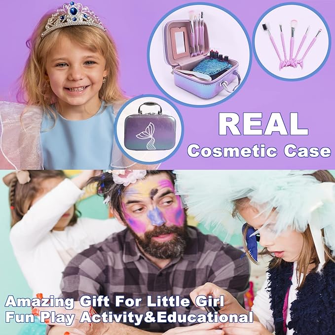 Kids Makeup Set for Girls - Non Toxic Washable Mermaid Makeup Kit, Little Mermaid Toys for Girl 5-7, 8-12，Princess Dress up Beauty Vanity Set，Ideal Party Gifts for Halloween Christmas and Birthday