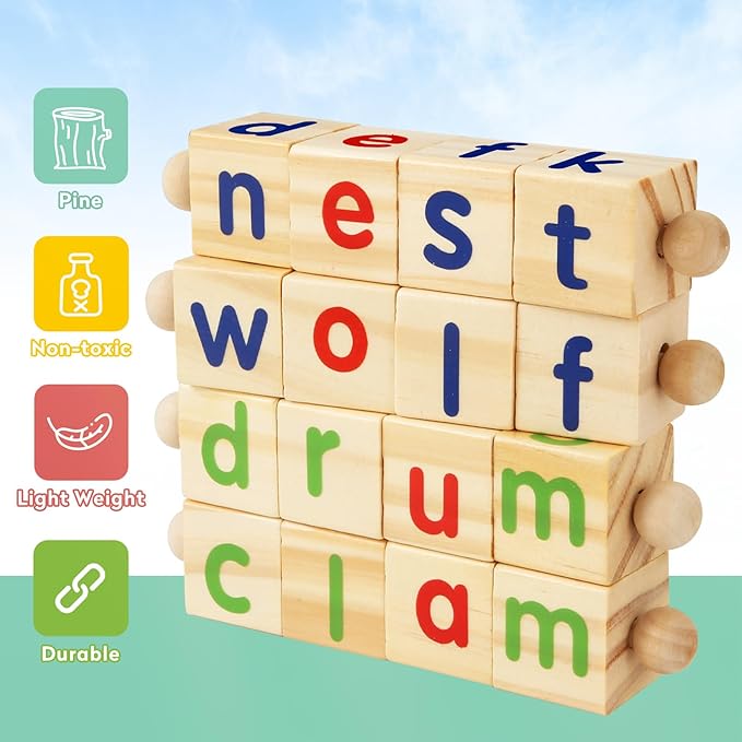Montessori Learning and Educational Toys Gifts for Kids 3 4 5 Years, Wooden Reading Blocks Toys, Preschool Kindergarten Learning Activities, Turning Rotating Matching Flash Card Games