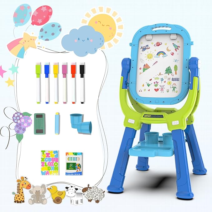Easel for Kids, Toddler Art Easel Adjustable Standing, Magnetic Double Sided Easel with Painting Accessories Gift for Boys and Girls
