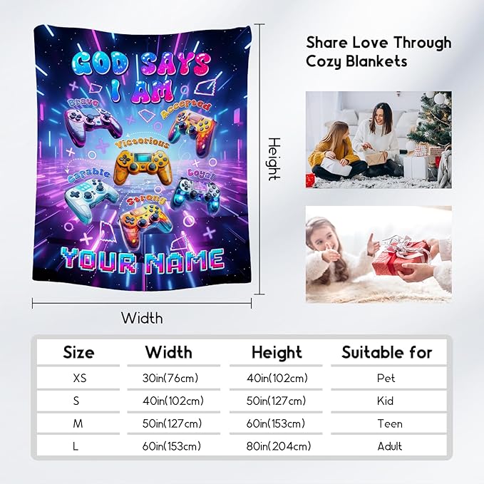 Personalized Gaming Blanket for Boys - Soft Plush Fleece Kids Throw Blanket, God Says I Am - 50"x60"