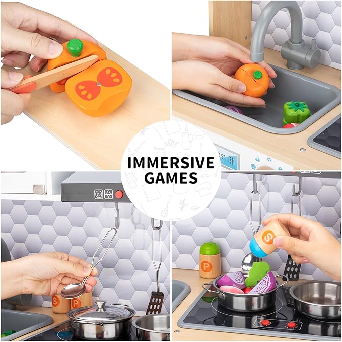 Wooden Play Kitchen for Kids – Pretend Play Kitchen Set with Cooking Accessories, Real Lights & Sounds | Chef Pretend Kitchen Playset for Toddlers, Wooden Kitchen Set with 6 Pcs Toy Food