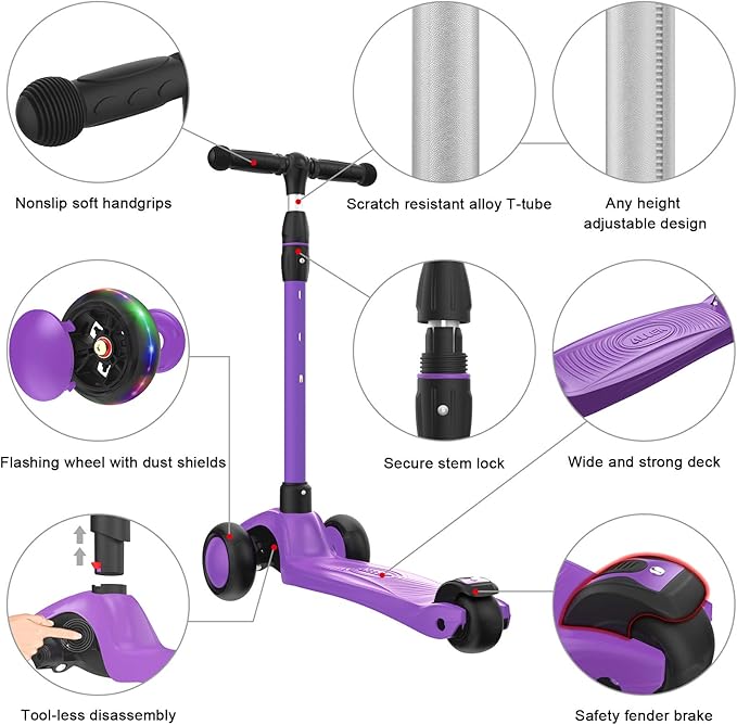 Allek Kick Scooter B03, Lean 'N Glide 3-Wheeled Push Scooter with Extra Wide PU Light-Up Wheels, Any Height Adjustable Handlebar and Strong Thick Deck for Children from 3-12yrs (Purple)