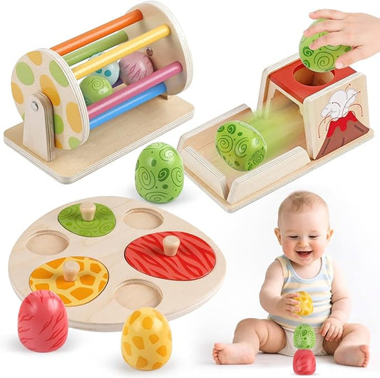 Montessori Toys for 6 Month Old, Wooden Baby Toys for 6 7 8 9 Month Old Dinosaur Egg Ball Drop Toy Wooden Puzzles Spinning Drum Baby Ball Toy for Infant Toddlers 1 2 3 Christmas Birthday Gift