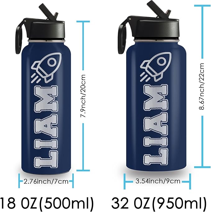 Personalized Water Bottles for Kids, 18 oz Custom Name Insulated Water Bottle With Straw, Stainless Steel Reusable Waterbottle Gifts for School Girls Boys Men Women - Icon Design
