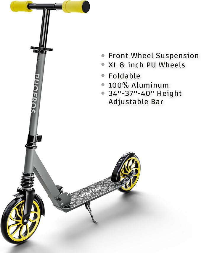 PHOEROS Kick Scooter for Kids Ages 6-12,Teens & Adults, Youth. Lightweight Aluminum Kick Scooter for Teens Adults Boys Girls with 8 inch Big Wheels, Foldable, 3 Height Adjustable, Shock Absorption.