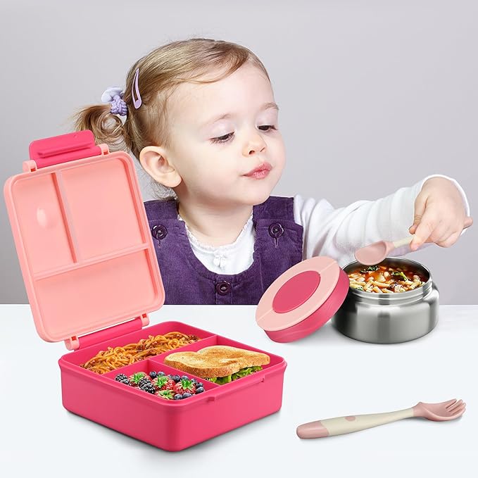 Itslife Bento Lunch Box for Kids with 8oz Soup Thermo&Lunch Bag, Leak-Proof Lunch Food Containers with 4 Compartment, Hot Food Insulated Food Jar for Kids School (Pink)