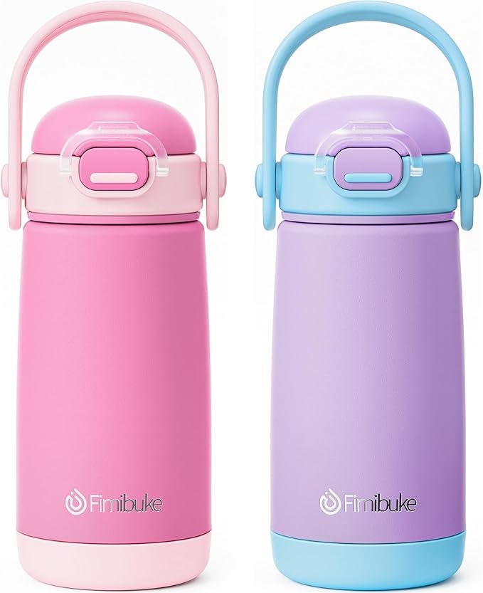 Fimibuke Kids Insulated Water Bottle with Straw Lid & Handle - 14oz BPA FREE 18/8 Stainless Steel Metal Tumbler Leak Proof Double Wall Vacuum Kids Cup Toddler Water Bottle for School Boys Girls