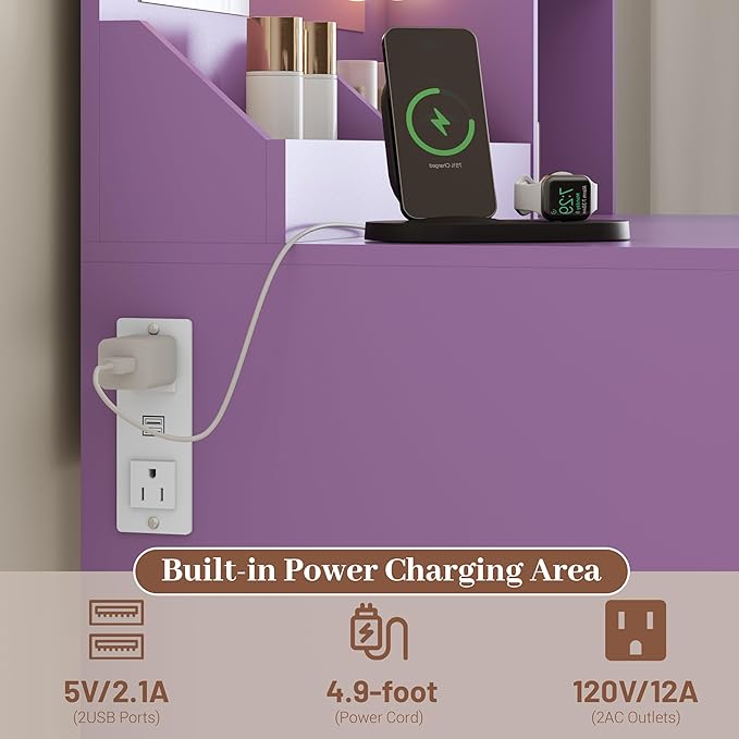 Makeup Vanity with Mirror and Lights & Power Outlet, 34'' Small Vanity Desk with Drawers and Storage Cabinet & Makeup Tray, Dressing Table for Girls Bedroom Dressing Room, Purple