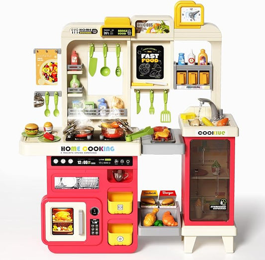 Kids Kitchen Playset, Play Kitchen with Stove, Grill, Sink, Play Food, ToyKitchen Accessories, Cooking Kitchen with Lights Sound Steam, Pretend Play Toys for Kids Toddler