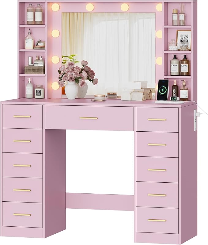 Makeup Vanity with Drawers, 43" Pink Vanity Desk with Mirror and Lights, 11 Drawers & 4 Shelves, Power Outlet & Adjustable LED Lights, Dressing Table for Women & Girls Bedroom