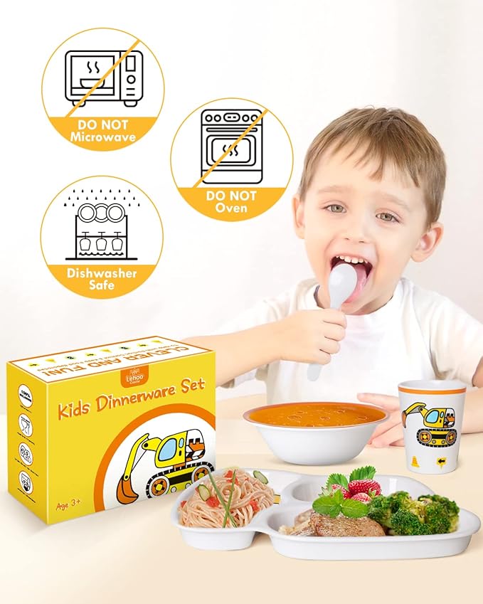 Lehoo Castle Kids Plates and Bowls Sets, Kids Dinnerware Set Includes Plate, Bowl, Cup and Tableware, Made of Durable Material, Perfect for Child, Toddler Utensils Self Feeding (5 Piece Construction)