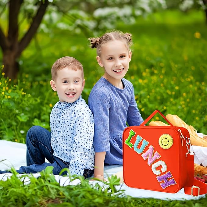 Insulated Lunch Bag With Adjustable Shoulder Strap, Nylon Preppy Lunch Box Large Insulated Lunch Bag Reusable Lunch Tote Bag with Smiley Preppy LunchBag for Girls School Travel Picnic (Orange)