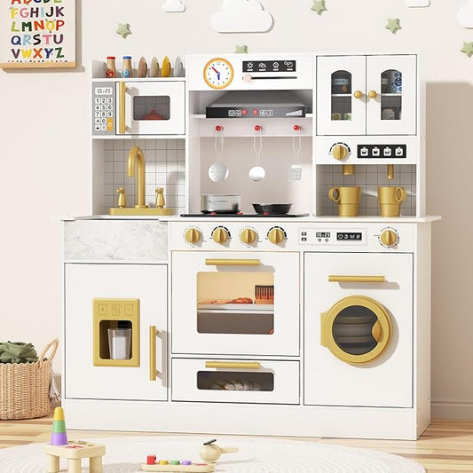 BIERUM Wooden Play Kitchen for Kids Ages 3-8 with Lights & Sounds, Pretend Play Kitchen Set with Stove, Ice Maker, Coffee Maker, Oven & Accessories, Toddler Kitchen Playset for Boys and Girls (White)