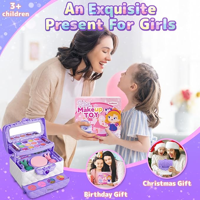 Kids Makeup Set for Girl, Real Washable Cosmetic Children's Toy Makeup Box Set with Mirror, Gentle & Skin-Friendly Princess Dress Up Kit, 40 Pcs, Present for Ages 3+ (Purple)
