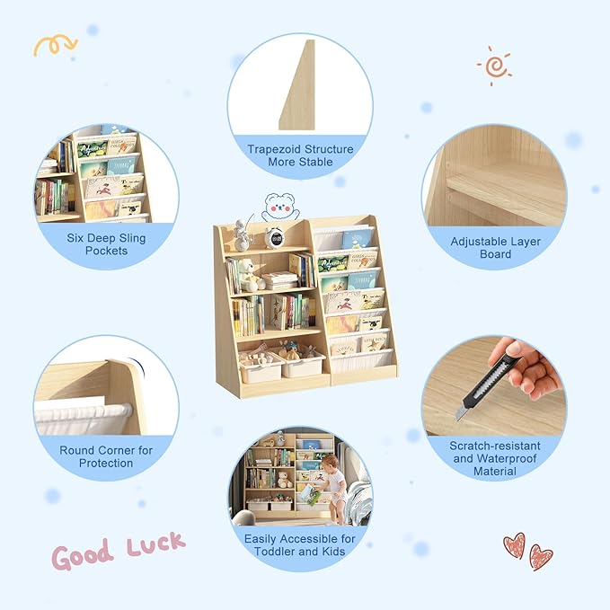 4 Tier Kids Bookshelf Baby Toddler Book Rack Children Bookcase Toy Storage Organizer with 6 Sling Adjustable Shelf for Nursery Playroom Classroom Library Bedroom Natural Wood