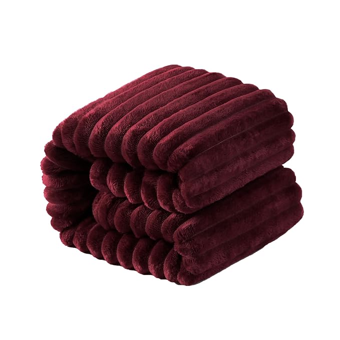 NTBAY Plush Flannel Oversized Baby Blanket, 50X60 Inches Soft and Warm Toddler Blanket with Striped Texture Nursery Bed Blanket for Stroller, Crib, Travel, Baby Gift, 50"x60", Wine Red