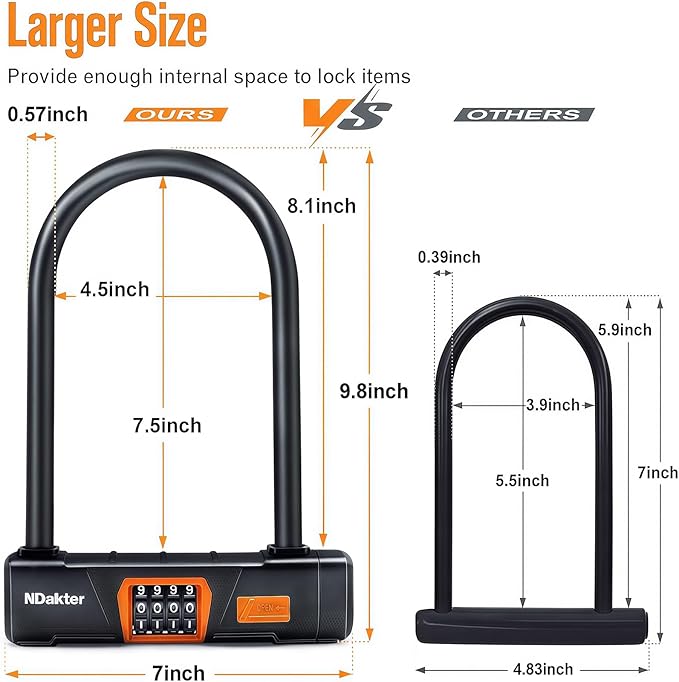 NDakter Bike Locks Heavy Duty Anti Theft, Combo Bike U Lock, 4-Digit Resettable Combination Bicycle Lock, Large U Shaped Ebike Lock with 5Ft Steel Cable for Electric Bike, Escooter, Motorcycle,Door
