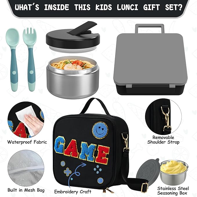 Kids Bento Lunch Box with 8oz Soup Thermo, Kids Leakproof Lunch Food Containers with 4 Compartment,Insulated Hot Food Jar with Lunch Bag for School, Travel (Black)