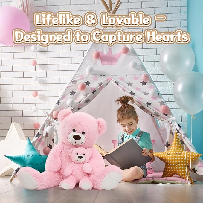 MorisMos Mom and Baby Giant Teddy Bear, 39inch Soft Big Teddy Bears Stuffed Animal Plush for Baby Shower, Pink