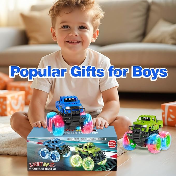 LODBY Monster Trucks Toys for Toddlers, Light-Up Trucks & Cars Toys for 2 3 4 5 6 Year Old Boy Birthday Gifts, Kids Push and Go Cars with Flashing Wheels (2 Pack)