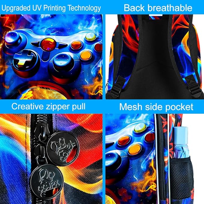 17" Gamer Backpack for Boy, 3Pcs Fire Bookbag for Elementary Preschool Kindergarten, Kids School Backpacks with Lunch Box (Red)