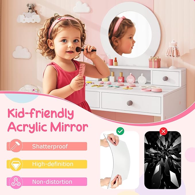 Costzon Kids Vanity, Princess Makeup Dressing Desk with Mirror and Stool, 4 Storage Drawers, Pretend Play Vanity Table and Chair Set for Little Girls (White)