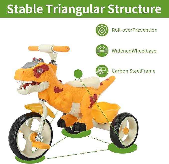 Dinosaur Kids Tricycle for Rider, Toddlers 2-6 Years - Trike Bike with Music, LED Lights, Storage Basket & Rubber Wheels | Indoor/Outdoor Big Wheels Bike Gift for Boys & Girls (Yellow)