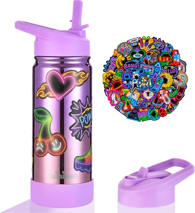 Mininoo Kids Water Bottle, Girls Water Bottles for School, 16oz Metal Water Bottle Kids with Straw Lid