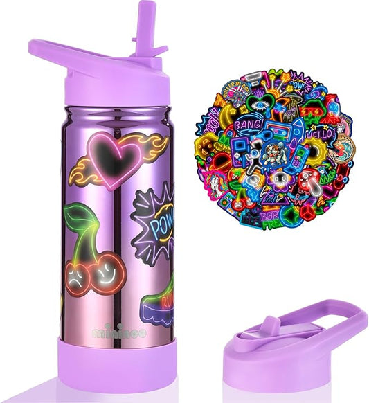 Mininoo Kids Water Bottle, Girls Water Bottles for School, 16oz Metal Water Bottle Kids with Straw Lid