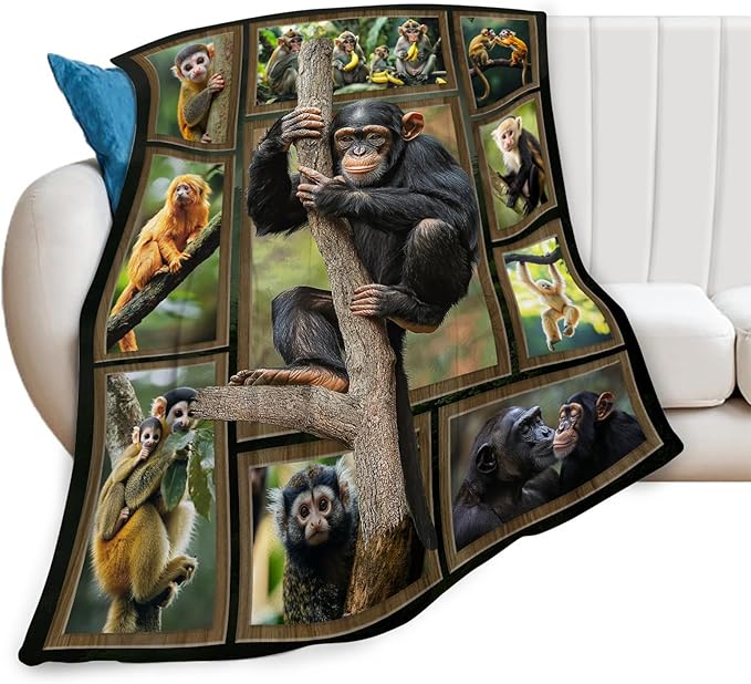 Monkey Blanket Chimpanzee Animal Throw Blankets Gifts for Girls Boys Kids Monkey Lover Soft Cozy Fleece Plush for Couch Sofa Bed 50"x40"