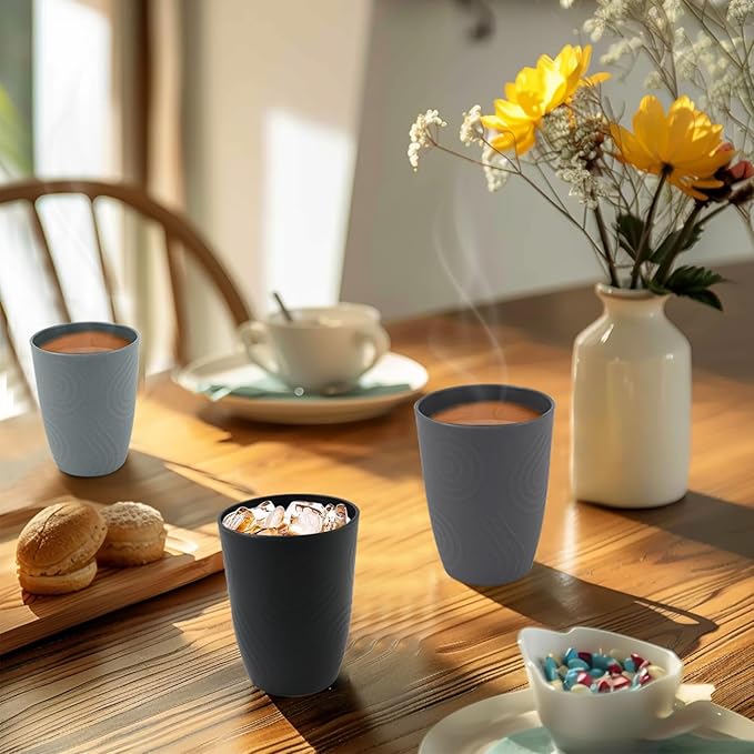 6 Pack Wheat Straw Cups 12 oz, Plastic Cups Reusable Drinking Glasses, Small Kids Cup, Unbreakable Water Tumblers Set Kitchen Cup Dishwasher Safe (Black, Grey)