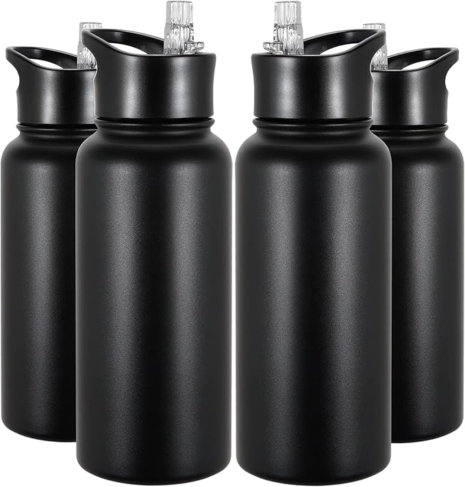 32 oz Insulated Water Bottle Bulk 4 Pack, Stainless Steel Sports Water Bottles with Straw Lid & Wide Mouth Lids, Double Walled Vacuum, Leak Proof, Black