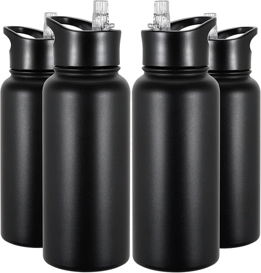 32 oz Insulated Water Bottle Bulk 4 Pack, Stainless Steel Sports Water Bottles with Straw Lid & Wide Mouth Lids, Double Walled Vacuum, Leak Proof, Black