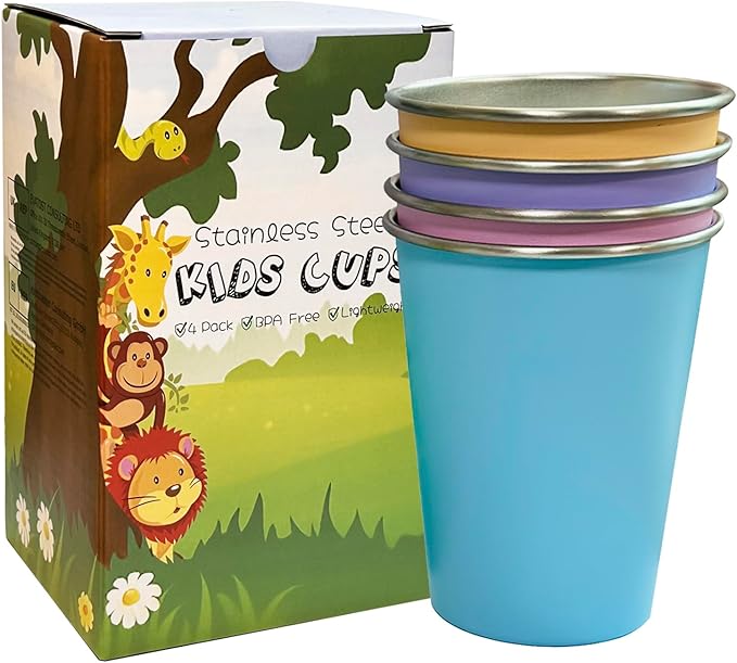 LOZACHE Stainless Steel Cups for Kids, 4 Pack 12oz Metal Cups Pint Tumbler Premium Camping Drinking Glasses Stackable Pint Tumblers for Boys Girls Children Adults, BPA Free, Unbreakable