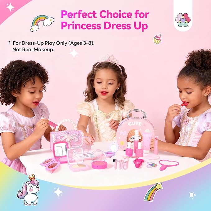 SAVILAND Pretend Makeup for Kids 27 PCS: Playful Fashion Fake Makeup Toxic-Free Toy Makeup for 3-8 Year Girls No-Mess Kids Pretend Makeup Kit Birthday Not Real Makeup