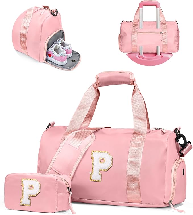 Kids Gift Ideas -Girl Gym Bag with Shoe Compartment, Kid Personalized Weekender Overnight Bags, Initial Travel Tote with Makeup Pouch, Gift for 3 Year Old Girl (Letter P)