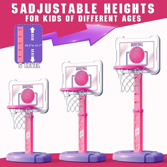 Toddler Basketball Hoop Indoor for Age 1-3, Height Adjustable Poolside Basketball Hoop with 3 Balls, Mini Basketball Hoop Sport Toys Birthday for Toddler Girl 1 2 3 4 Year, Pink