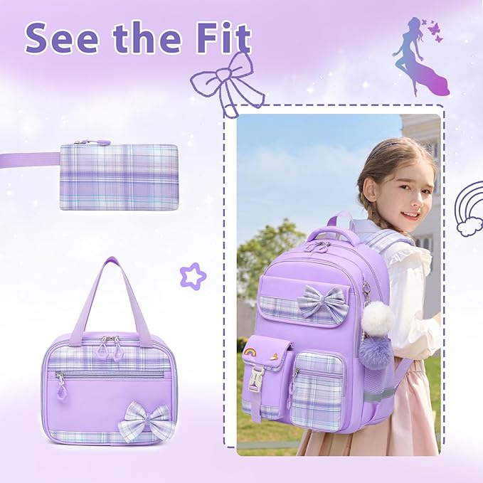 School Backpack for Girls Kids Bookbag for Elementary Middle School Casual Travel Daypack Teen Backpacks Purple Set