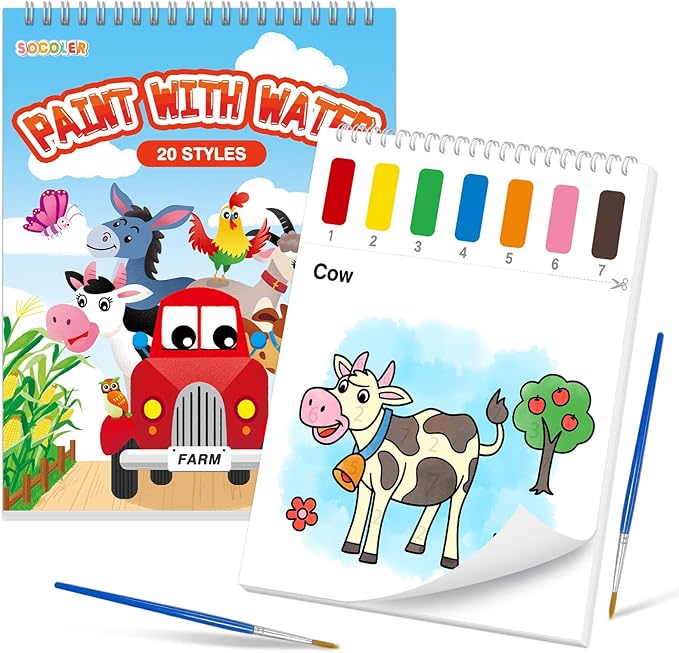 Paint with Water Coloring Books for Toddlers,Mess Free Watercolor Painting Papers for Kids Water Color Paint Kit Art Craft Birthday Gift for Ages 1-3, 4-8(Farm)