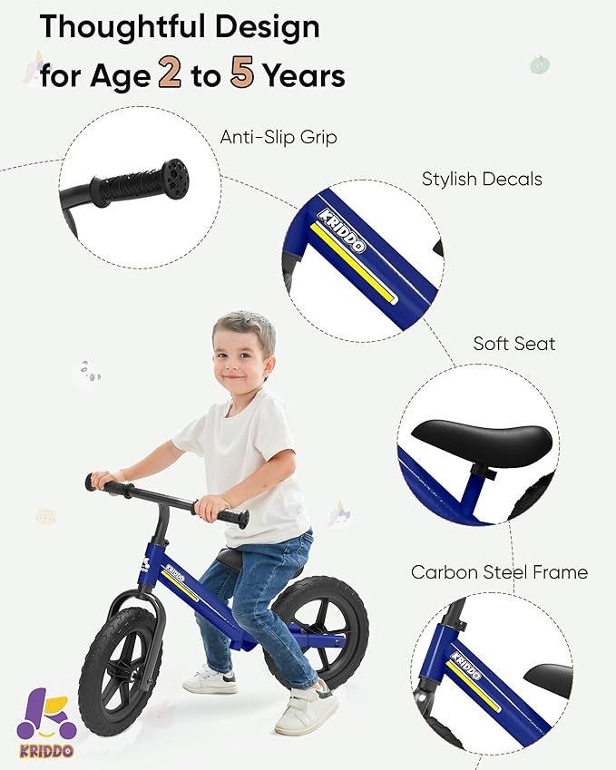 KRIDDO Toddler Balance Bike 2 Year Old, Kids Balance Bike for 2-5 Years Old, Dual Bearing for Smoother Riding, Adorable Plate, Adjustable Seat and Handlebar, Toddler Bike Gifts Age 2-3
