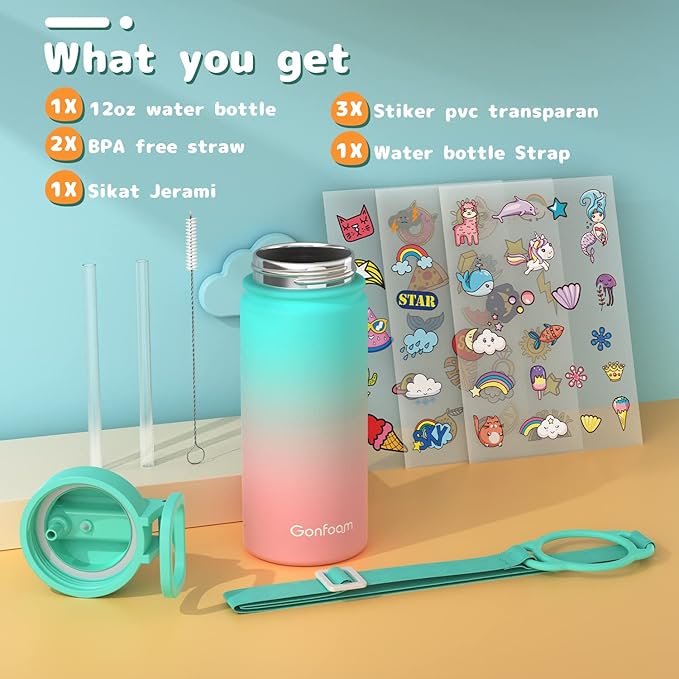 Kids Water Bottle, 16oz Water Bottles Kids with Straw and Stickers, Stainless Steel Vacuum Double Wall Insulated cup, Kids Water Bottle for School, Gifts for Girls(Green)