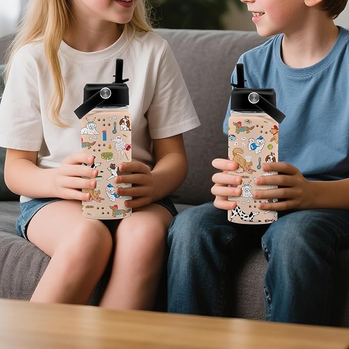 Dog Lovers Gifts, 16 oz Water Bottle with Straw Lid, Stainless Steel Insulated Tumbler, Cute Puppy Water Bottles, Dogs Cup Gifts