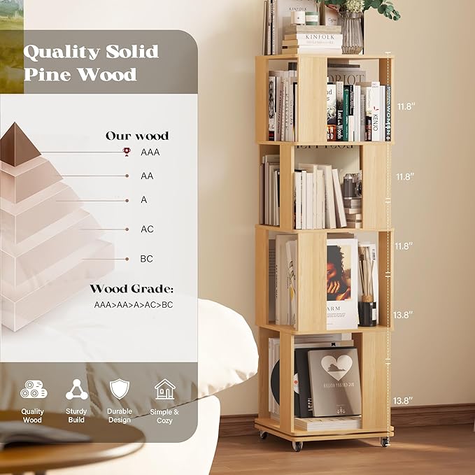 4 Tier Solid Wood Rotating Bookshelf Tower on Wheels, 360° Upgrade Spinning Book Shelf, Revolving Bookcase Organizer, Swivel Bookshelves for Small Spaces, Corner, Bedroom, Kids Room, Office (Natural)