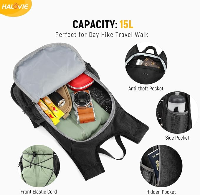 HALOVIE 15L Foldable Hiking Backpack Phone Pocket Lightweight Travel Daypack Shoulder with Chest Strap Small Packable Pack for Walking Women Men (Black)