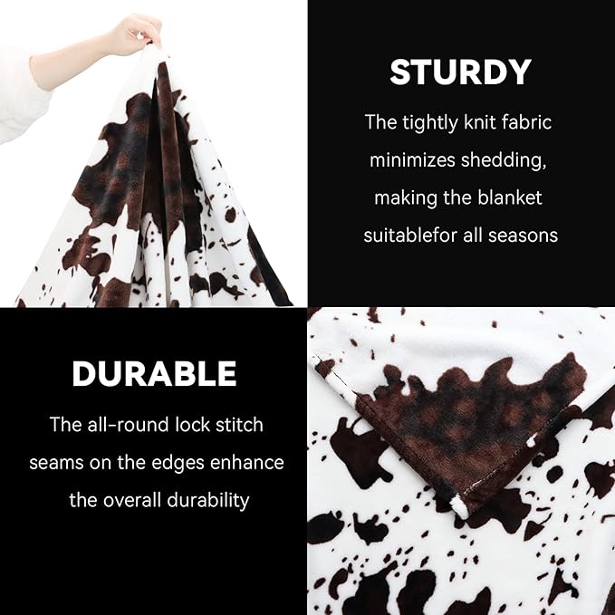 Cow Print Twin Blanket 60x80 Inch - Soft Plush Fleece Throw for Bedroom Living Room, Black & White Animal Print Bedding, Lightweight Cozy Blanket for Adults & Kids